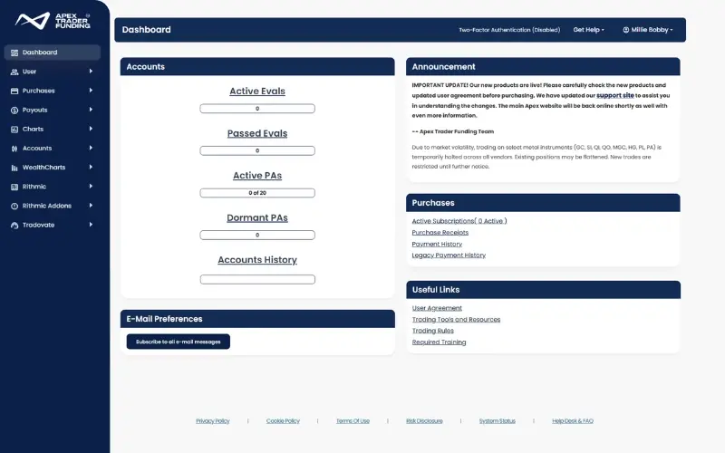 Apex Trader Funding account overview dashboard