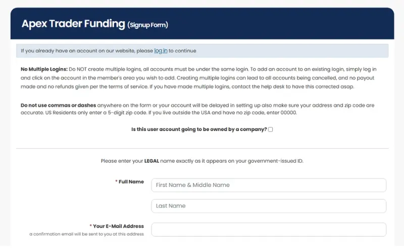 Apex Trader Funding sign up form and process