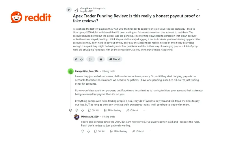 Reddit user review for Apex Trader Funding (captured March 29, 2026)